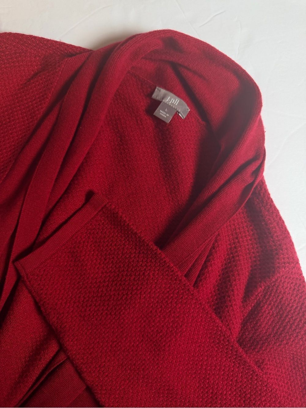 J. Jill Waffle Knit Tie Front Cardigan Sweater Large Red Shawl Collar Cozy